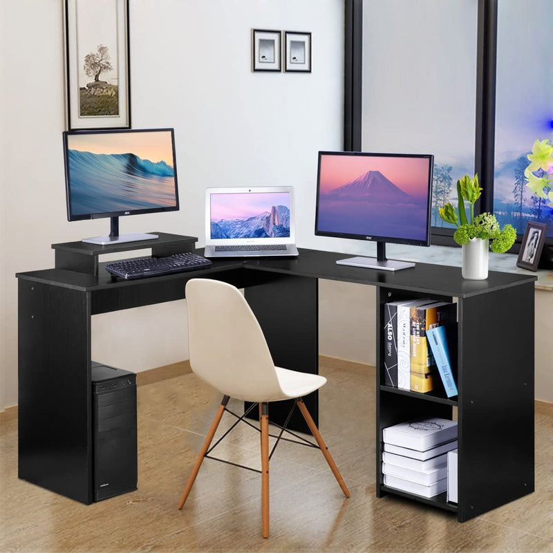 dosleeps L Shaped 53" Computer Corner Desk, FREE Monitor Stand, Home Gaming Desk, Office Writing Workstation with 2 Storage/Book Shelves, Black