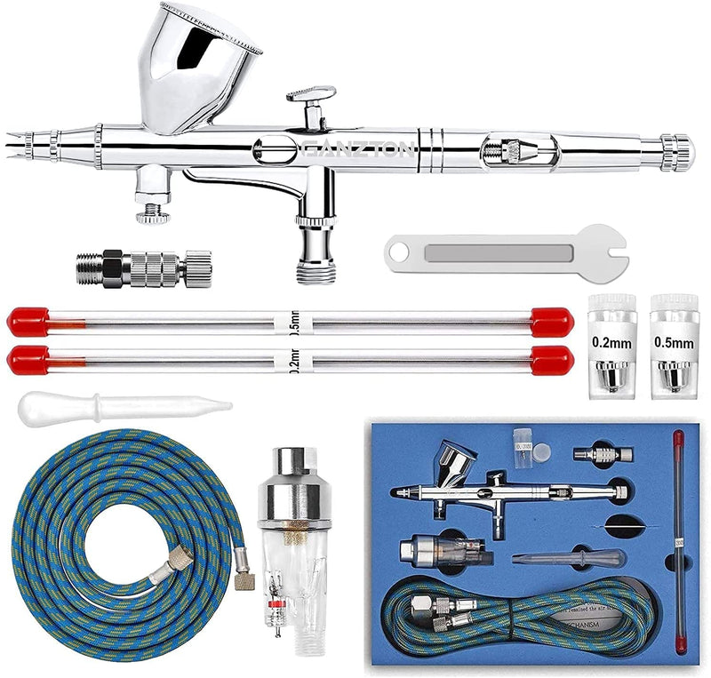 GANZTON Airbrush Set Double Action Trigger Paint Spray Gun Kit Professional Sprayer Air Paint Control Gun with 0.2mm/0.3mm/0.5mm 9cc CUP