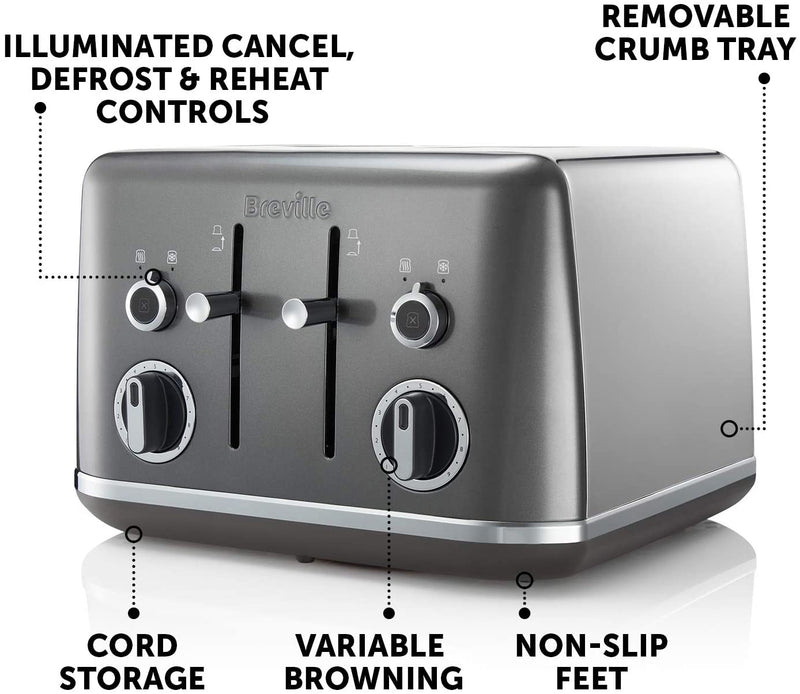 Breville Lustra 4-Slice Toaster with High Lift, Wide Slots and Independent 2-Slice Controls, Storm Grey [VTT853]