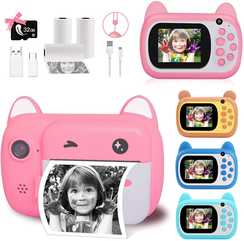 TOYOGO Instant Print Camera for Kids, Selfie Kids Camera, Digital No Ink with 3 Rolls Print Paper,1000 mAh Dual Lens,1080P HD Video Recorder Pink