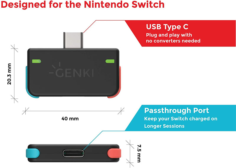 Genki Bluetooth Audio Adapter for The Nintendo Switch (Neon Blue red Buttons)