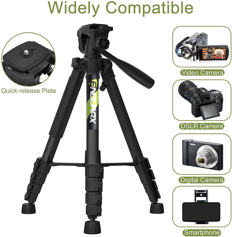 Endurax 66" Video Camera Tripod for Nikon Canon, DSLR Cameras Stand Tall Tripods Lightweight Aluminum with Universal Phone Mount and Carry Bag