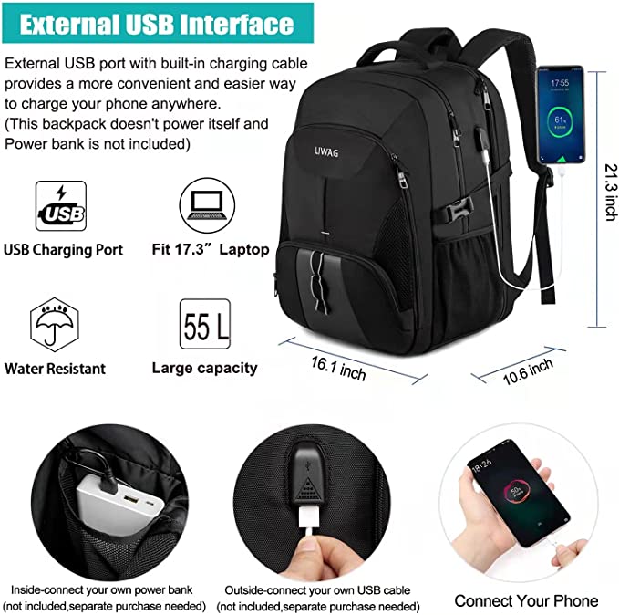 LIWAG Laptop Backpack, 55 Litre Spacious Capacity Fits 18.4 inch Laptop, Waterproof Travel Work Bag with USB Charging Port, TSA Business Rucksack