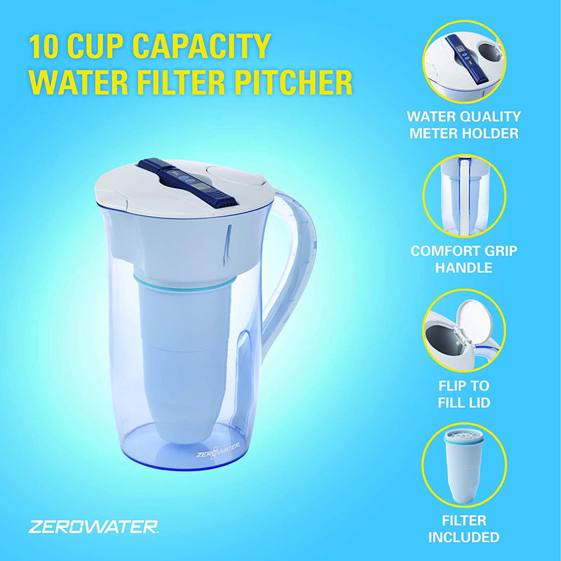 ZeroWater 10 Cup Round Water Filter Jug With Advanced 5 Stage Filter, Water Quality Meter + Water Filter Cartridge Included, 2.4 litres, transparent