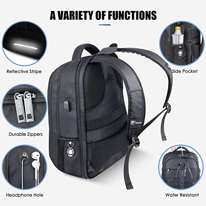 Sosoon Laptop Backpack, Anti-Theft Business Travel Work Computer Rucksack with USB Charging Port, Large Lightweight College School Bag 17 inch Black