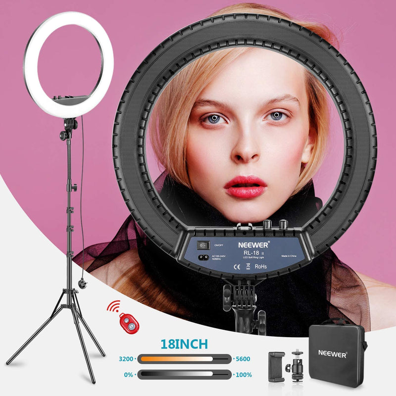 Neewer RL-18II Bi-color 18-inch LED Ring Light with Stand 55W 3200-5600K Dimmable Light with Max. 61.8inch Stand, Remote Phone Holder and Carry Bag