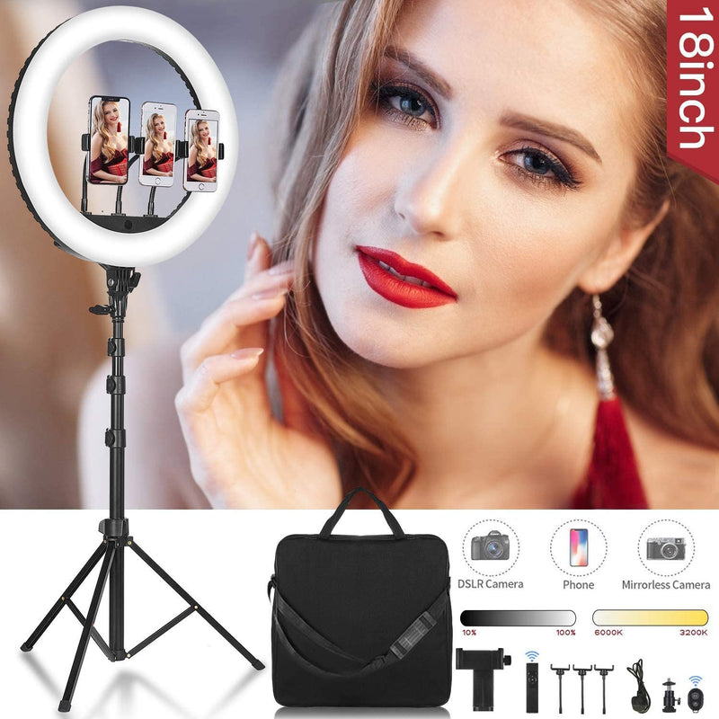 CXYP 18 inch Dimmable LED Ring Light Kit, 3200K-6000K Ring Light with Tripod Stand, Phone Holder, Hot Shoe, Bluetooth Receiver, Carrying Bag