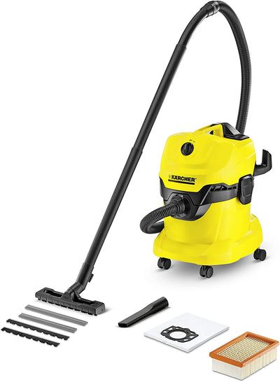 Kärcher Wet & Dry Vacuum Cleaner WD 4, 1000 W, 20 L Container, suction hose: 2.2 m, with flat-fold filter, fleece filter bag, floor and crevice nozzle