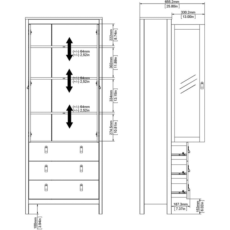 Benjamin Black Display Cabinet With Glass 2 Doors + 3 Drawers