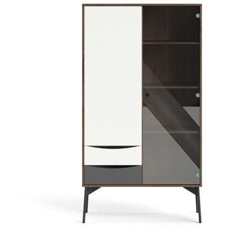 Freya Walnut & White Cabinet 1 Door + 1 Glass Door & 2 Drawers