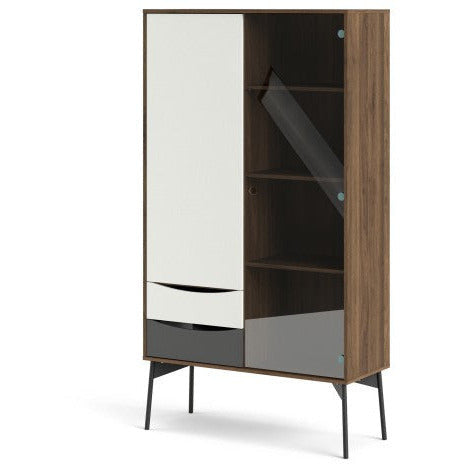 Freya Walnut & White Cabinet 1 Door + 1 Glass Door & 2 Drawers