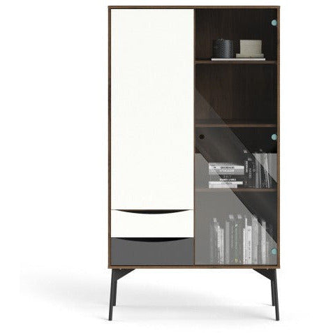 Freya Walnut & White Cabinet 1 Door + 1 Glass Door & 2 Drawers