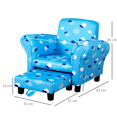 HOMCOM Kids Children Armchair Mini Sofa Wood Frame w/ Footrest Anti-Slip Legs High Back Arms Bedroom Playroom Furniture Cute Cloud Star Blue