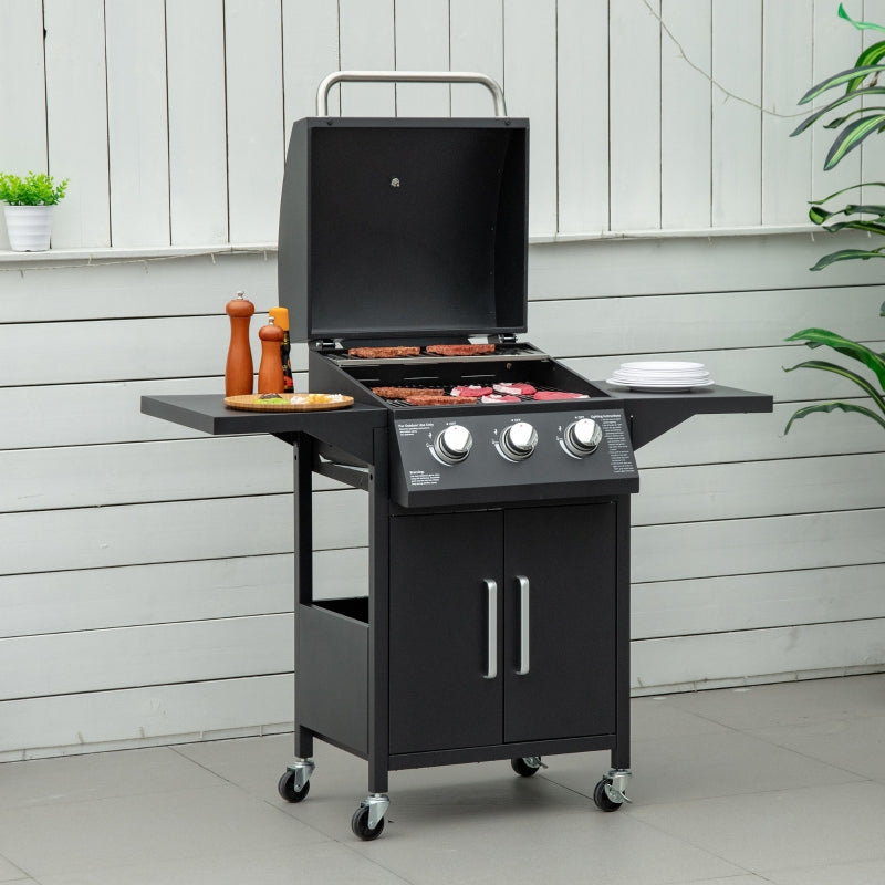 3 Burner Gas BBQ Grill Outdoor Portable Barbecue Trolley - Black