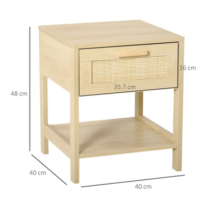 HOMCOM Nightstand with Rattan Drawer and Storage Shelf, Bedside End Table for Bedroom, Living Room Organizer