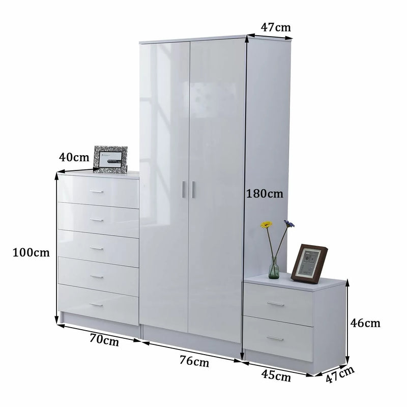 3PC High Gloss Wardrobe Set - White