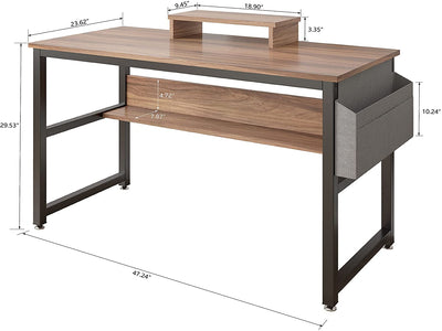 TREETALK Computer Desk, Industrial Writing Desk with Storage Bag, 47in Computer PC Laptop Table with Bookshelf and Wood Monitor Stand Riser Brown