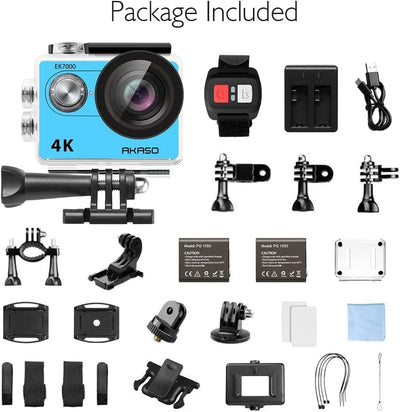 AKASO EK7000 4K Sport Action Camera Ultra HD Camcorder 12MP WiFi Waterproof Camera with 2 Rechargeable Batteries, 19 Accessories Kit - Blue