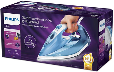 Philips Azur Steam Iron with 180g Steam Boost, 2400W & SteamGlide Soleplate, Blue/White - GC4532/26