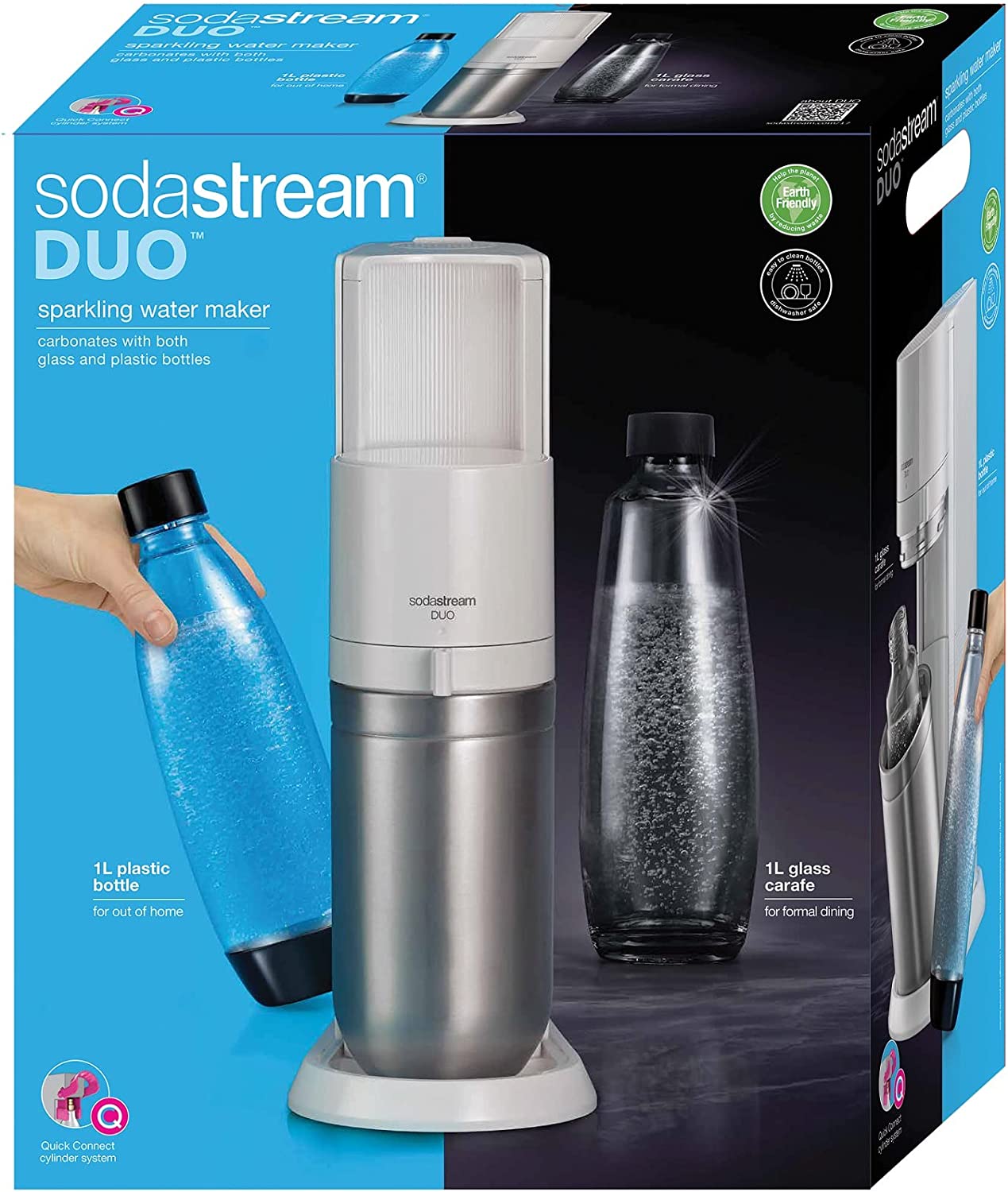 Buy SodaStream Duo Sparkling Water Maker Machine, with 1 Litre Reusable  BPA-Free Plastic Water Bottle + 1 L Glass Carafe for Carbonating & 60 Litre  Quick Connect CO2 Gas Cylinder – White