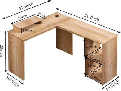 DOSLEEPS L Shaped 51.2" Computer Corner Desk, FREE Monitor Stand, Home Gaming Desk, Office Writing Workstation with 2 Storage/Book Shelves Beech Grain