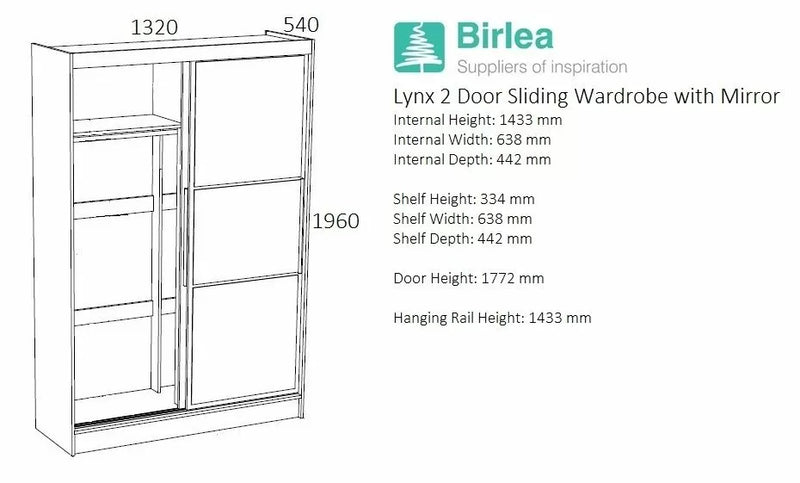 Birlea Lynx 2 Door Mirrored Sliding Wardrobe - 5 Colours