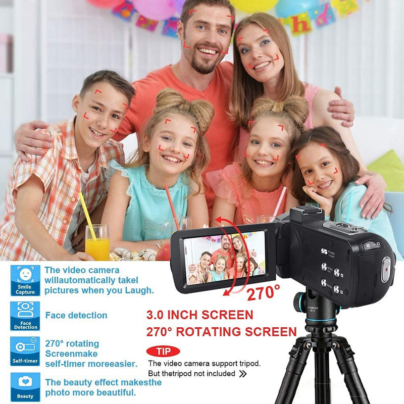 HD Video Camera Camcorder with LED Fill Light, 2.7K 1080P 42MP 30FPS FHD YouTube Vlogging Camera Recorder 18X Digital Zoom with 2 Batteries