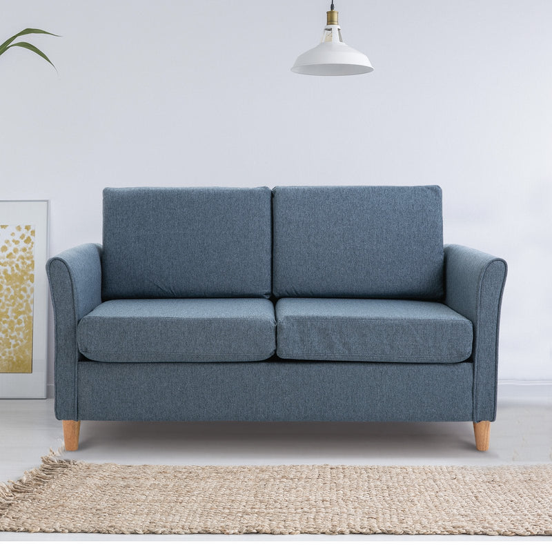 Linen Upholstery 2-Seat Sofa Floor Sofa Living Room Furniture with Armrest Wooden Legs Blue