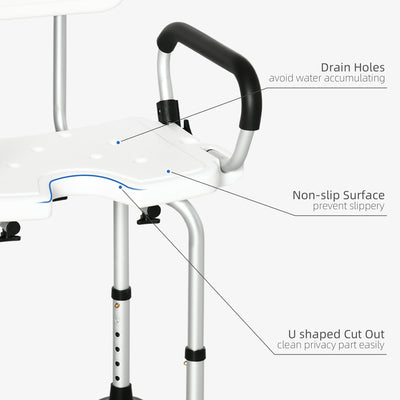 HOMCOM Shower Chair for the Elderly and Disabled, Height Adjustable Shower Stool with Back and Flipped Padded Arms, Suction Foot Pads, White