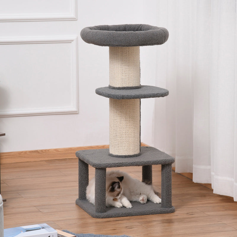 PawHut Cat Tree Kitten Tower Multi-level Activity Centre Pet Furniture with Sisal Scratching Post Condo Plush Perches Grey