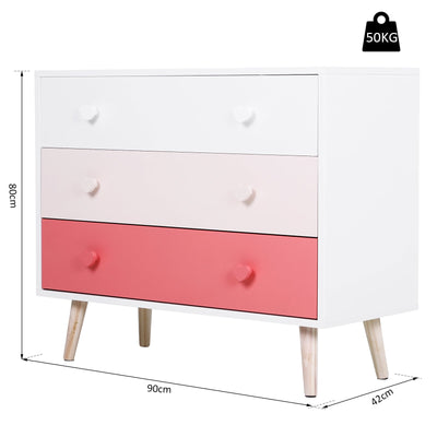 HOMCOM Kids MDF Heart-Shaped Handle Set of 3 Drawers Pink