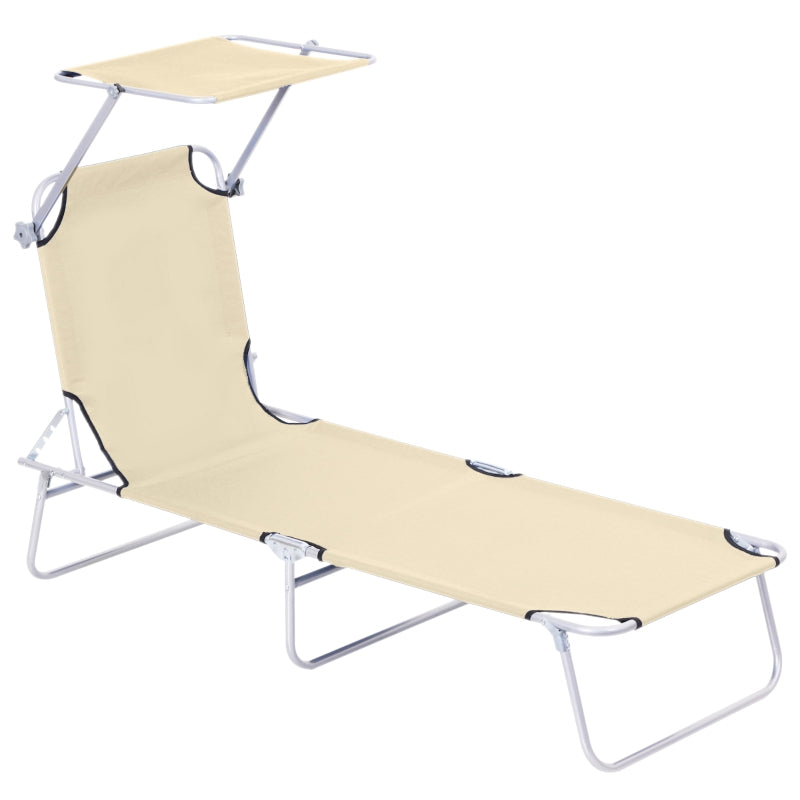 Reclining Chair Lounger Folding Seat With Shade Awning- Beige