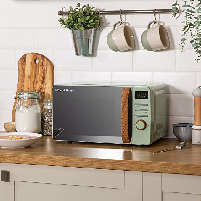 Russell Hobbs RHMD714MG-N 17 Litre Matt Green Digital Microwave with Wood Effect handle and dials&