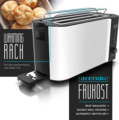 Arendo - Frukost 4 slice long slot toaster -  with warming rack – 6 browning settings – auto bread centring – reheat defrost cancel function - White