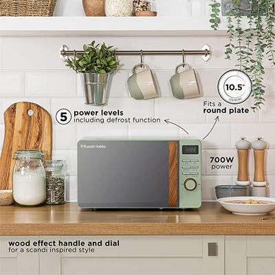 Russell Hobbs RHMD714MG-N 17 Litre Matt Green Digital Microwave with Wood Effect handle and dials'