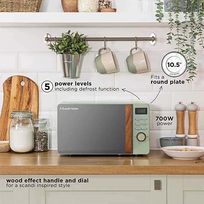 Russell Hobbs RHMD714MG-N 17 Litre Matt Green Digital Microwave with Wood Effect handle and dials&