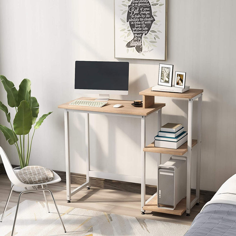 Computer Desk With 3 Tier Storage Shelves - Student Study Table with Bookshelf Modern Wood Writing Desk PC Laptop Table With Steel Frame for Small Spaces Home Office Workstation Natural