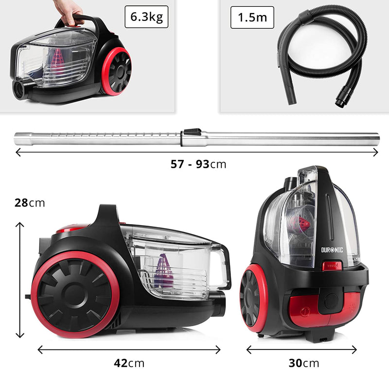 Duronic Bagless Cylinder Vacuum Cleaner VC5010 | Cyclonic Carpet and Hard Floor Cleaner | 500W | HEPA Filter | Extendable Hose [Energy Class A+]