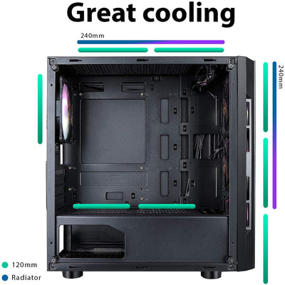 CiT Flash ARGB PC Gaming Case, Micro-ATX, 4 x 120mm ARGB Rainbow Fans Included, Tempered Glass, LED Button, 8 Fan Support, Water-Cooling Ready | Black