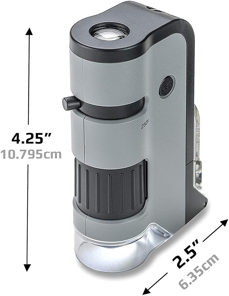 Carson MicroFlip 100-250x LED Lighted Pocket Microscope with Smartphone Digiscoping Adapter Clip, Grey