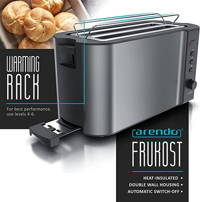 Arendo - Frukost 4 slice long slot toaster -  with warming rack – 6 browning settings – auto bread centring – reheat defrost cancel function - Grey