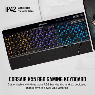 Corsair K55 RGB Membrane Gaming Keyboard (6 Programmable Macro Keys, 3-Zone RGB Backlighting, Multimedia Controls, UK Layout) - Black