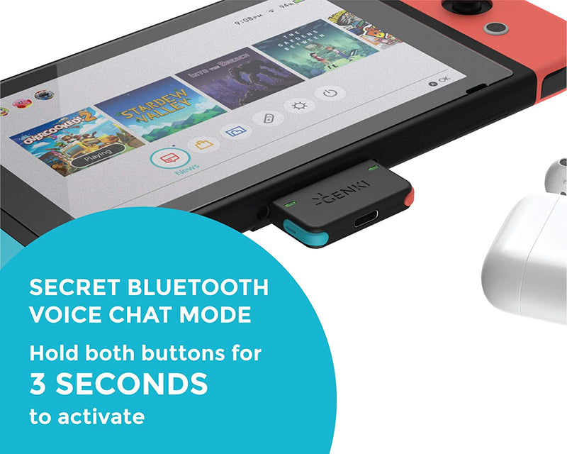 Genki Bluetooth Audio Adapter for The Nintendo Switch (Neon Blue red Buttons)