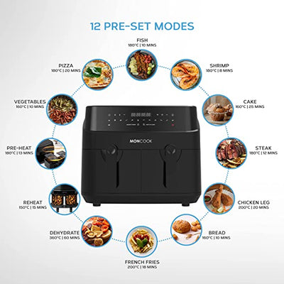 MONCOOK Double Air Fryer, 2-in-1 Drawer, 9L With 2 x 4.5L Baskets - 50 Recipe Cookbook  - Digital LED Display Airfryer - 12 Pre-Set Cooking Programs