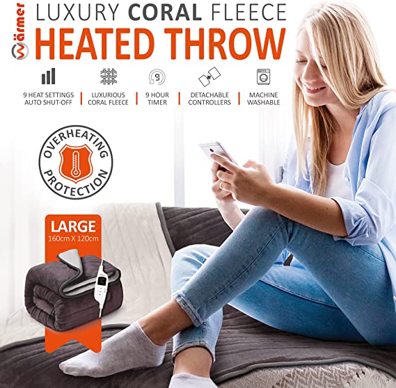 Warmer Heated Throw Electric Blanket - Digital Controller - Timer, 9 Heat Settings, Auto Shutoff - Machine Washable - Large 160cm x 120cm