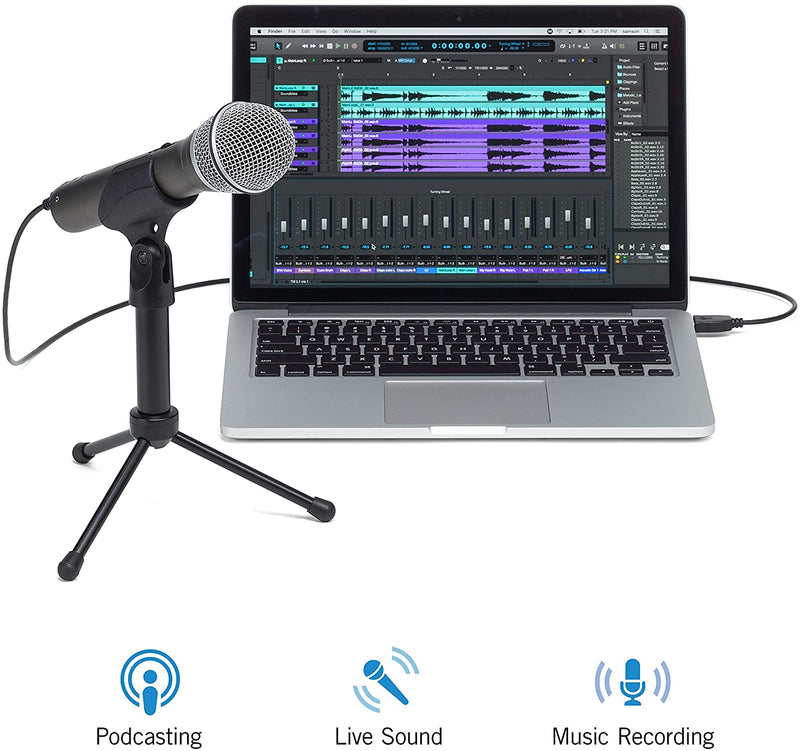 SAMSON Q2U Recording and Podcasting Pack - USB/XLR Dynamic Microphone with Accessories, 16-bit, 44.1kHz/48kHz, Silver