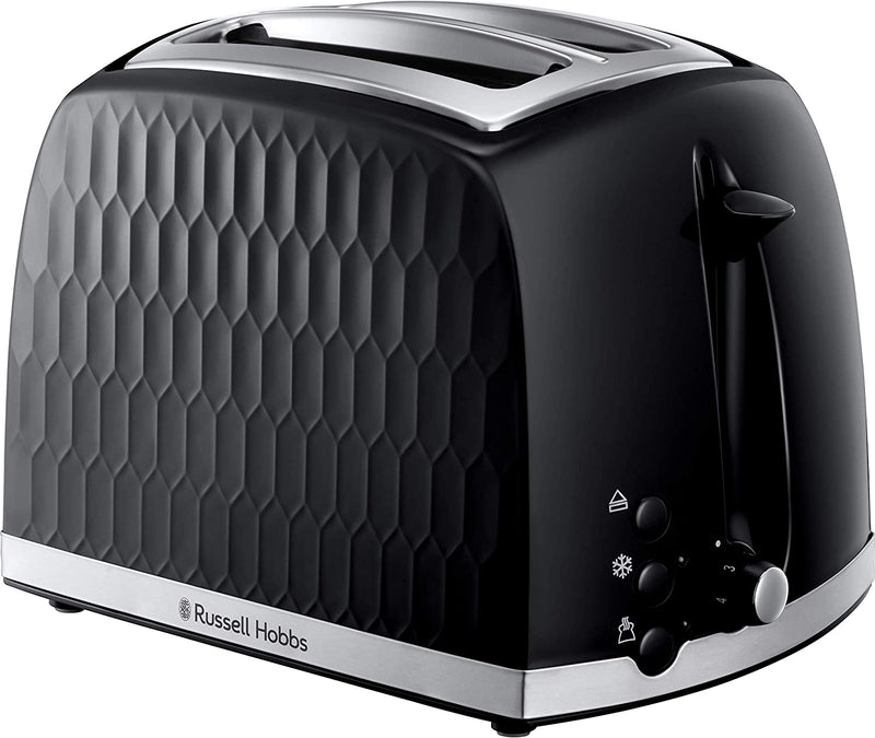 Russell Hobbs 26061 2 Slice Toaster - Contemporary Honeycomb Design with Extra Wide Slots and High Lift Feature, Black