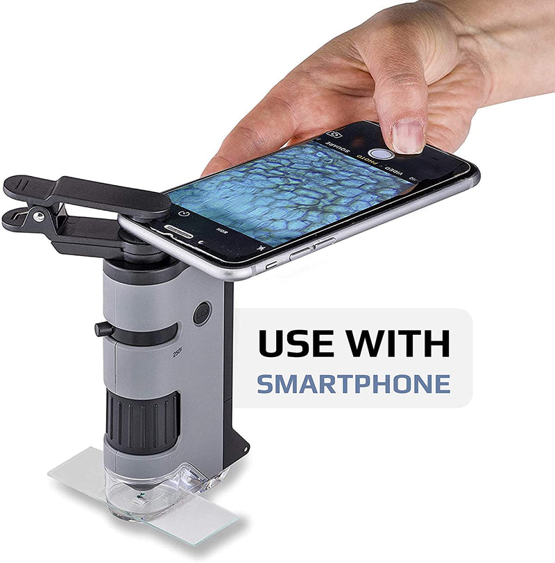 Carson MicroFlip 100-250x LED Lighted Pocket Microscope with Smartphone Digiscoping Adapter Clip, Grey