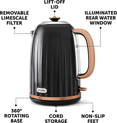 Breville Impressions Electric Kettle | 1.7 Litre | 3 KW Fast Boil | Black and Rose Gold [VKT163]