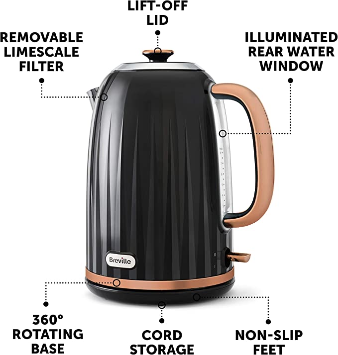 Breville Impressions Electric Kettle | 1.7 Litre | 3 KW Fast Boil | Black and Rose Gold [VKT163]